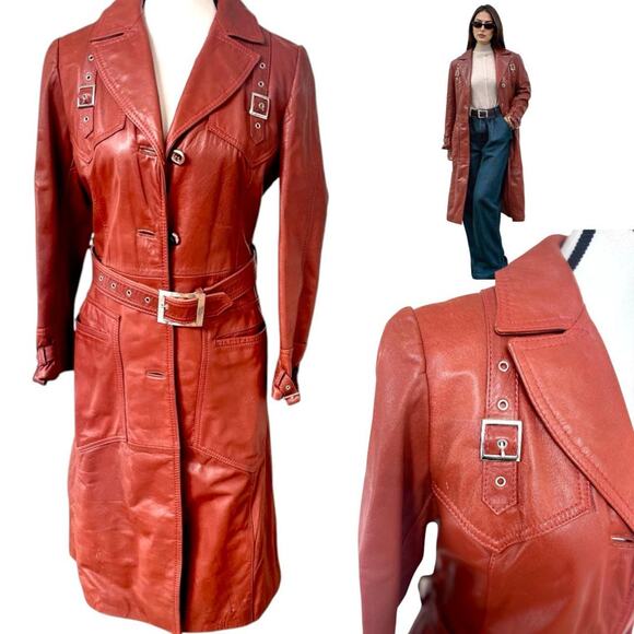 70'S VINTAGE RARE RUST BURNT ORANGE BUCKLE‎ TRENCH COAT JACKET S/M - Picture 2 of 7